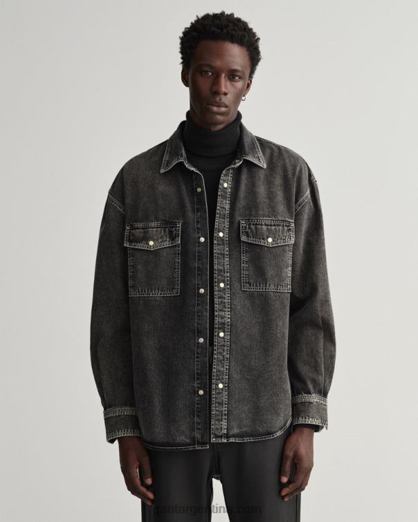 GANT hombres negro usado en camisa de mezclilla oversize con lavado pesado P0P0223