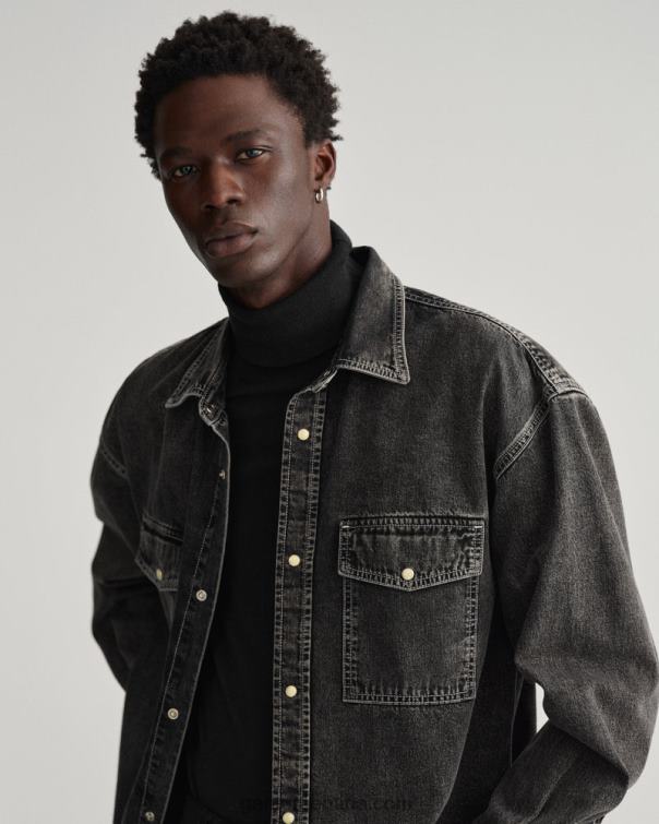GANT hombres negro usado en camisa de mezclilla oversize con lavado pesado P0P0223