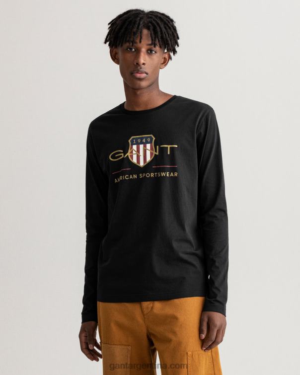 GANT hombres negro playera de manga larga con escudo de archivo P0P02150