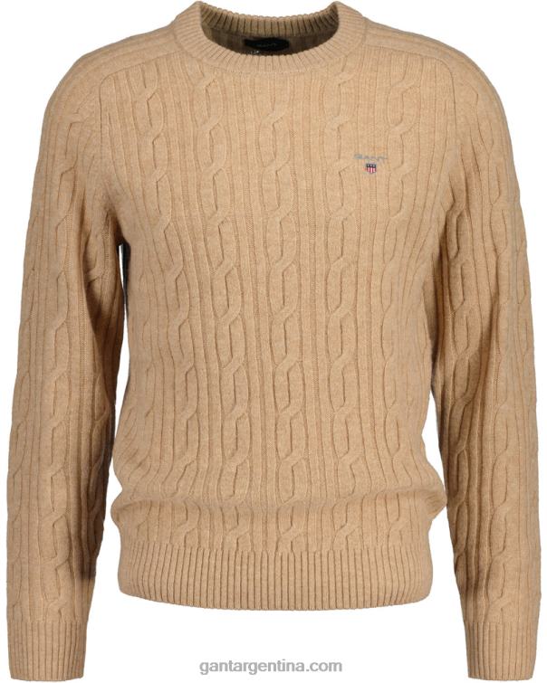 GANT hombres color caqui suéter de ochos con cuello redondo de lana de cordero P0P02319