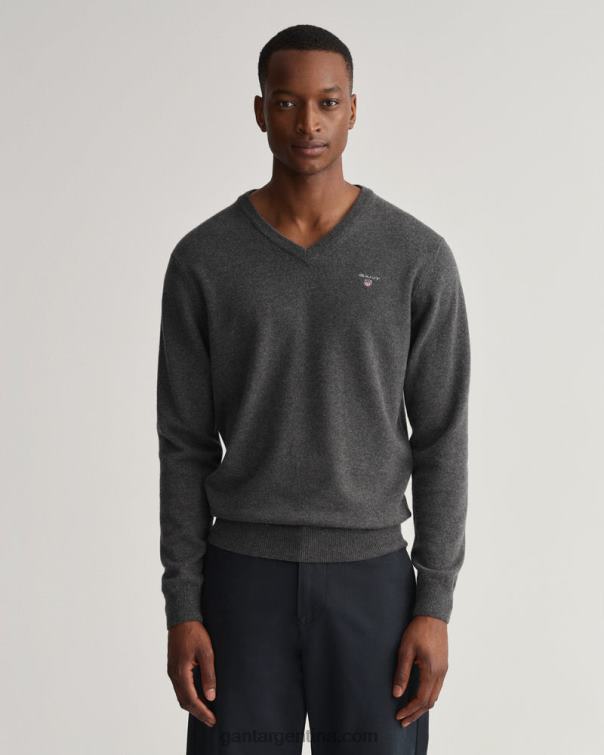 GANT hombres mezcla antracita jersey de lana de cordero superfina con cuello de pico P0P02307