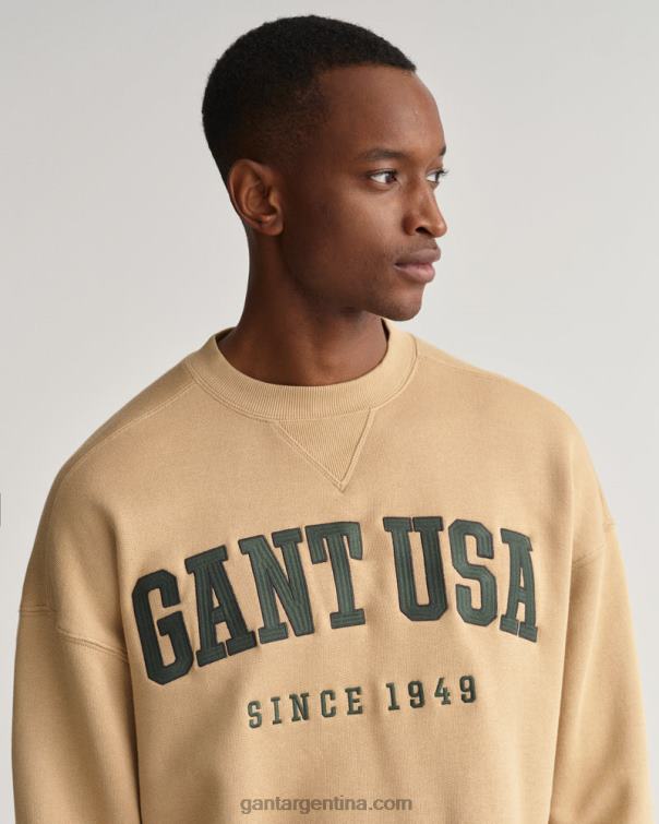 GANT hombres beige avellana sudadera con cuello redondo y gráfico de EE. UU. P0P02224