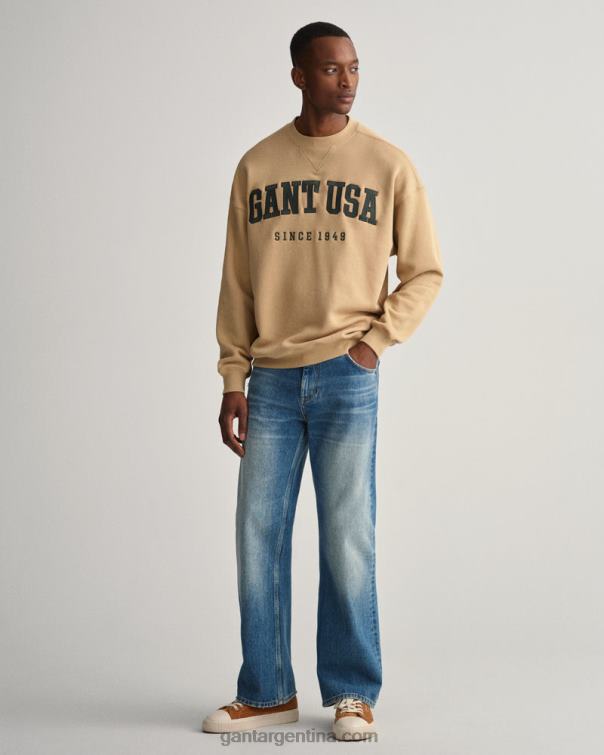 GANT hombres beige avellana sudadera con cuello redondo y gráfico de EE. UU. P0P02224