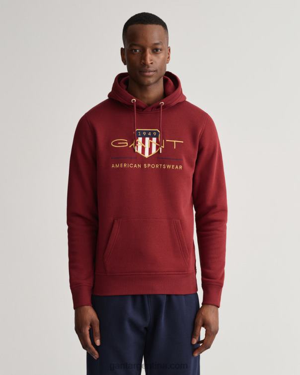 GANT hombres rojo hinchado sudadera con capucha y escudo de archivo P0P02233