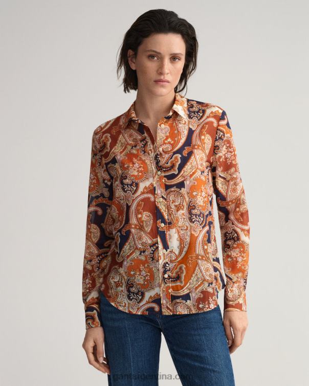 GANT mujer naranja dorado camisa regular fit de seda con estampado de cachemira P0P02580