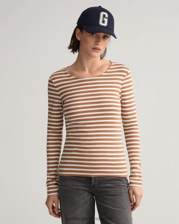 GANT mujer nuez tostada camiseta de canalé de manga larga a rayas P0P02600