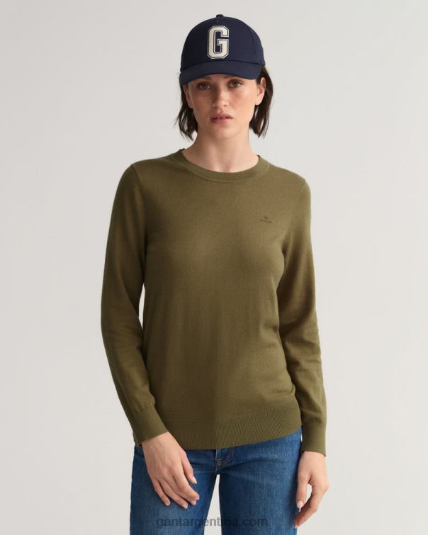 GANT mujer cazador verde jersey de cachemira y algodón con cuello redondo P0P02668