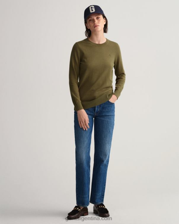 GANT mujer cazador verde jersey de cachemira y algodón con cuello redondo P0P02668