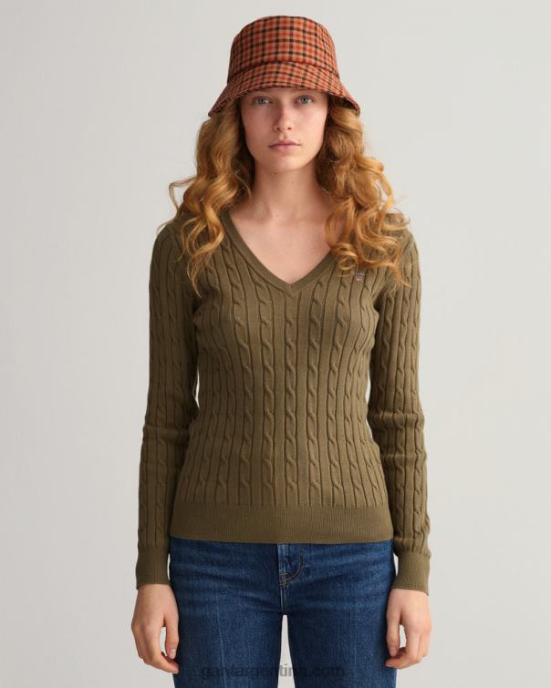 GANT mujer cazador verde jersey de ochos de algodón elástico con cuello de pico P0P02683