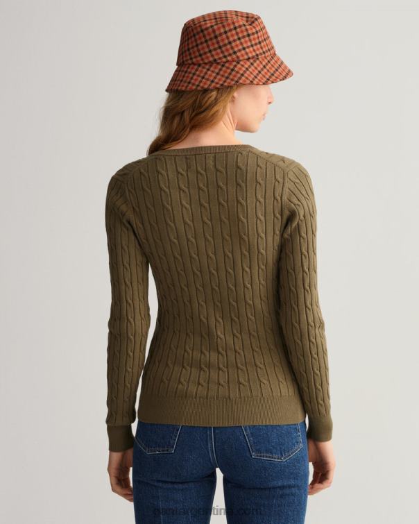 GANT mujer cazador verde jersey de ochos de algodón elástico con cuello de pico P0P02683