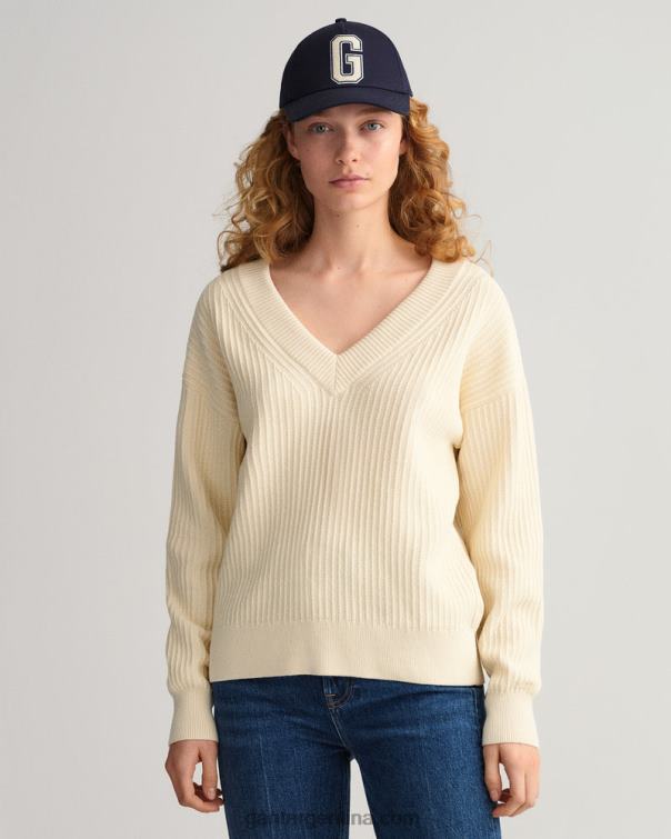 GANT mujer crema jersey de canalé de algodón con cuello de pico P0P02659
