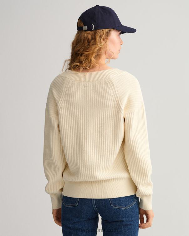GANT mujer crema jersey de canalé de algodón con cuello de pico P0P02659