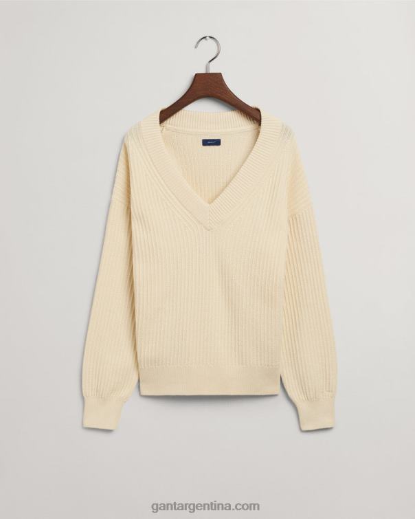 GANT mujer crema jersey de canalé de algodón con cuello de pico P0P02659