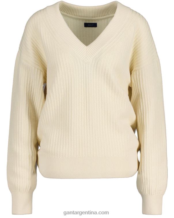 GANT mujer crema jersey de canalé de algodón con cuello de pico P0P02659