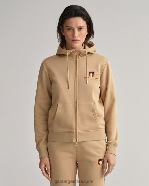 GANT mujer beige avellana sudadera con cremallera completa y escudo de archivo P0P02718