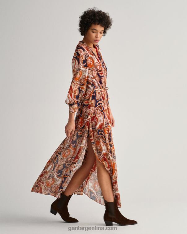 GANT mujer naranja dorado vestido largo con volantes de cachemira P0P02644